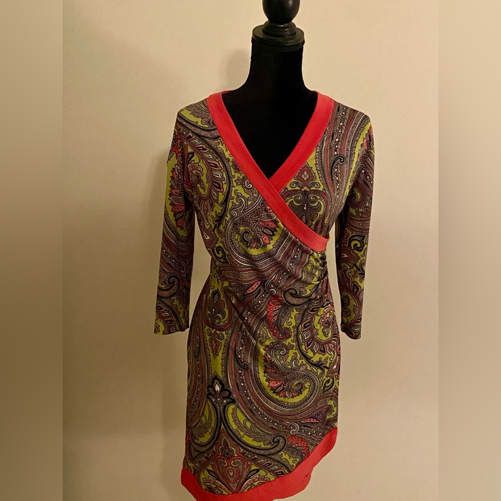 IMAN Long Sleeve Paisley Dress with Red and Green Accents